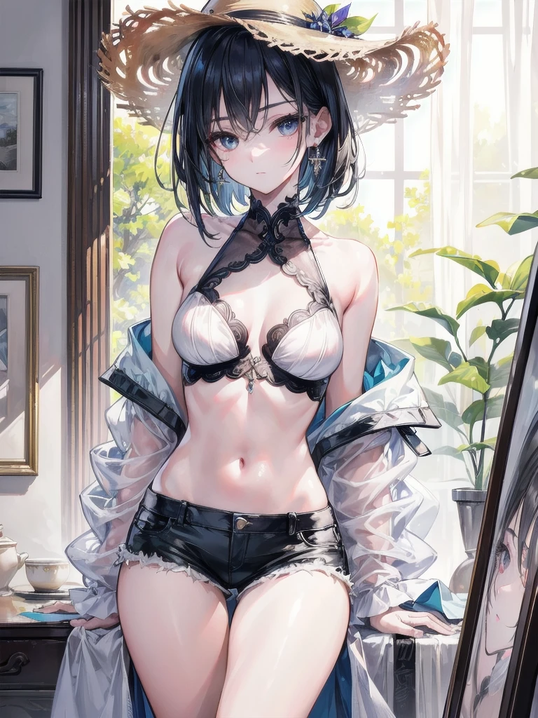 NSFW、with the best image quality、teenage girl standing in the room。in high resolution、beautiful details、quiet atmosphere。black hair ponytail、cute smile.。small breasts、Cute floral blue bra、Wearing cute floral blue panties。