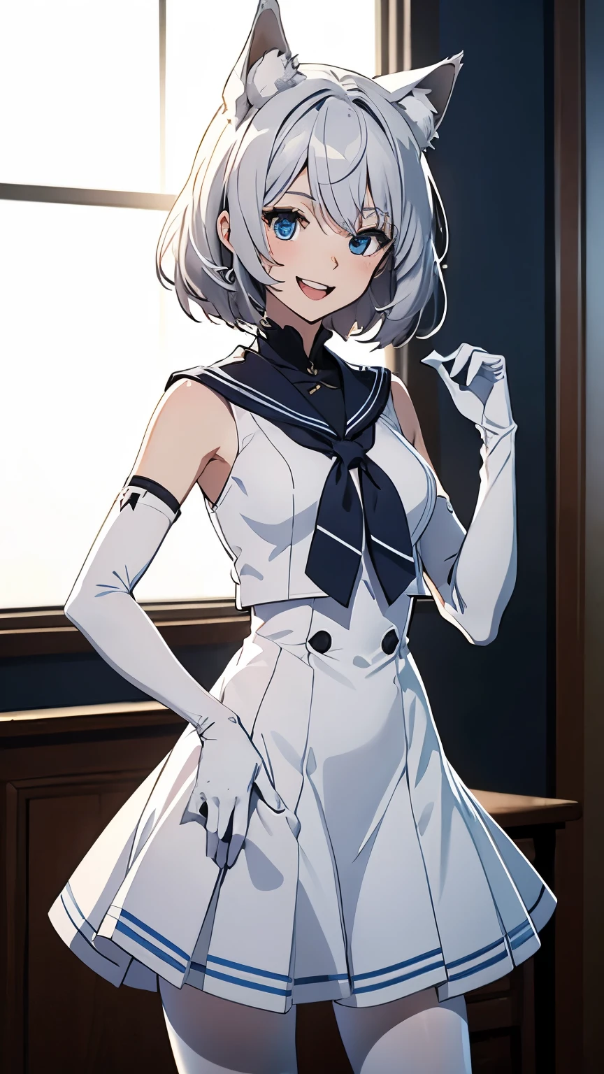 Tabletop　High resolution　Best image quality　8k　 Adult female　Anime Style　White long gloves（Elbow Gloves）　White Sailor Suit（Sleeveless）　mini skirt　White Pantyhose　White wolf ears　short hair（（Shortcuts）（Gray Hair）（Perm）（fluffy））　blue eyes　Attractive face（（Laughter）（smile）（Open your mouth））　Are standing　Put your hands on your hips