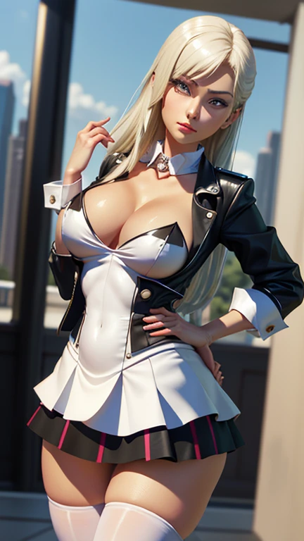 Elegant Feeling、Glamorous pose、No no、No no、A woman taking a photo wearing a short skirt and jacket, Surrealist , Surrealist , practical , Realistic Anime Girl Rendering, Small curve , Stockings and skirt, Realistic 3D animation, A highly detailed shot of a giantess, Realistic animations, Realistic full body, [ 4K Reality ]!!、Squish the boobs, massage the 、A face full of pleasure、Gorgeous body、