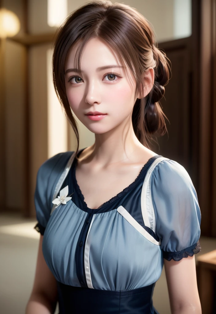 8K, of the highest quality, masutepiece:1.2), (Realistic, Photorealsitic:1.37), of the highest quality, masutepiece, Beautiful young woman, Pensive expression,、A charming、and an inviting expression, Cute Maid Clothes, Hair tied back, Cinematic background, Light skin tone