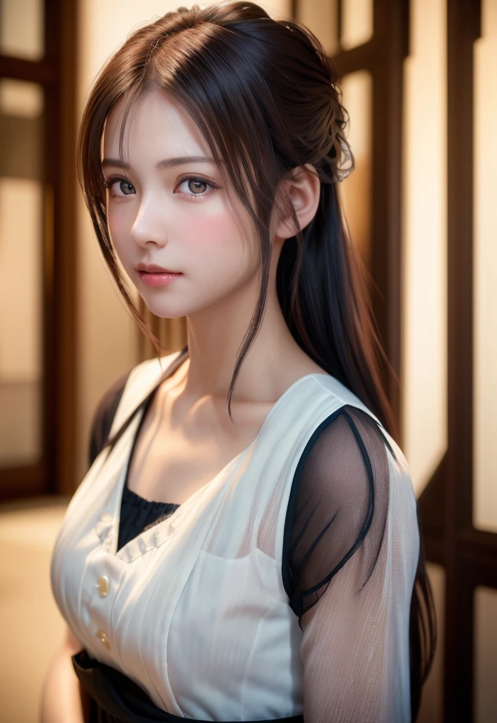 8K, of the highest quality, masutepiece:1.2), (Realistic, Photorealsitic:1.37), of the highest quality, masutepiece, Beautiful young woman, Pensive expression,、A charming、and an inviting expression, Cute Maid Clothes, Hair tied back, Cinematic background, Light skin tone