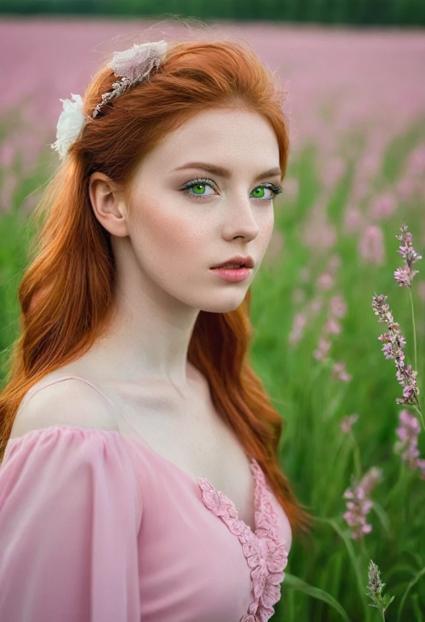 Red-haired girl with green eyes fair skin in pink dress in a field