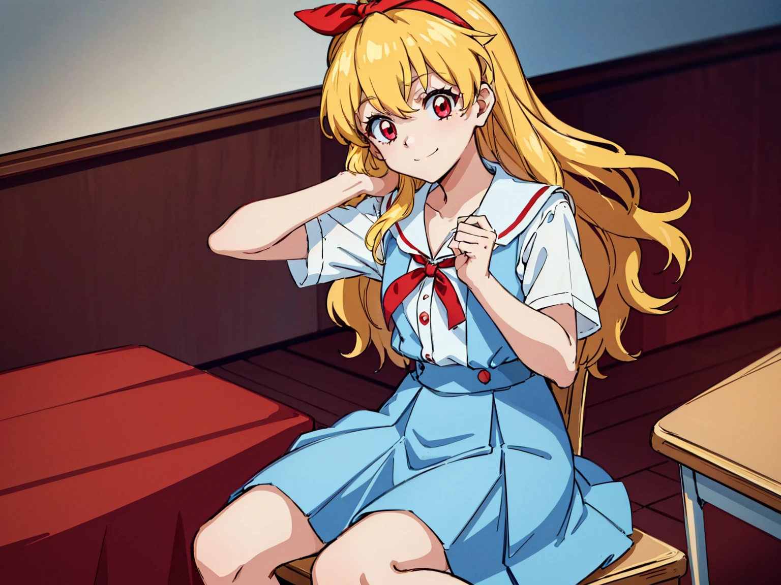 (red ribbon on hairband:1.2),(8K, best quality, muste piece:1.2)、ultra high resolution,1 very cute girl,hosimiya ichigo,ultra-detailed face, detailed eyes,RED eyes,,White sailor collar plain short sleeve shirt,light blue skirt,Light blue suspenders,uniform_red ribbon,Blonde Hair,long hair、detailed hand fingers,hand in own hair,smirk、sitting in a chair,desk in front of her,,classroom