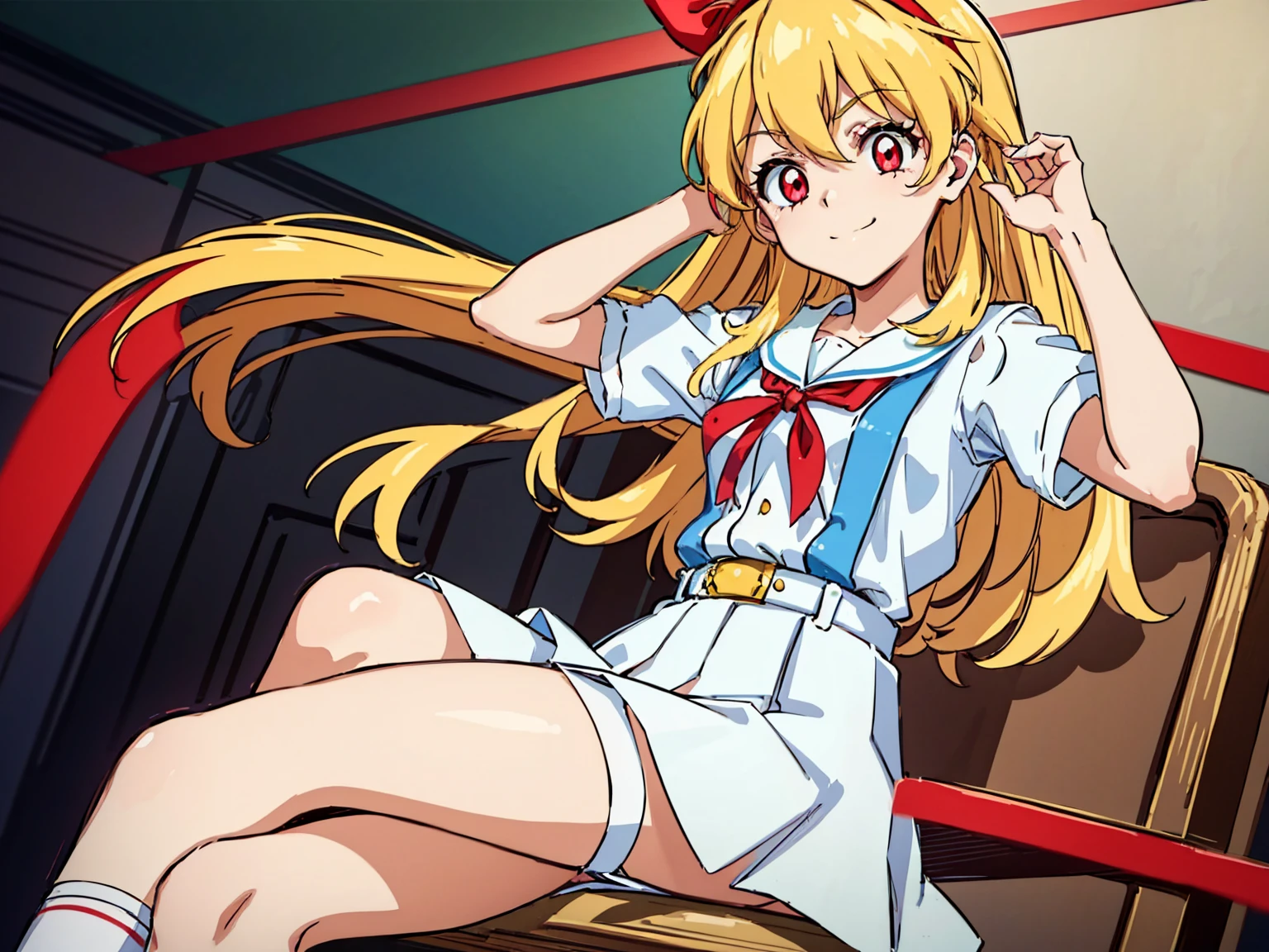 (red ribbon on hairband:1.2),(8K, best quality, muste piece:1.2)、ultra high resolution,1 very cute girl,hosimiya ichigo,ultra-detailed face, detailed eyes,RED eyes,,White sailor collar plain short sleeve shirt,light blue skirt,Light blue suspenders,uniform_red ribbon,Blonde Hair,long hair、detailed hand fingers,hand in own hair,smirk、sitting in a chair,desk in front of her,,classroom