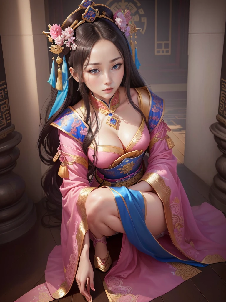 Painting of a woman in a pink and blue dress, Beautiful Fantasy Empress, ancient Chinese Princess, Beautiful character drawings, Chinese Princess, palace, Girl in Han Dress, Princess of an ancient Asian dynasty, Ancient Chinese Beauties, Inspired by Run In, Beautiful and attractive anime woman, Beautiful Fantasy Empress, Beautiful renderings of the Tang Dynasty, Beautiful oriental woman, Empress of China, Highly detailed CG unit 8k wallpaper, masterpiece, High resolution, highest quality, highest quality real texture skin, Super Real, Digital Painting, Best image quality, 最High resolution, 8k, ((Highly detailed eyes and face, Beautiful eyes every detail)), 1girl, Full Body Shot, wariza, seiza,
