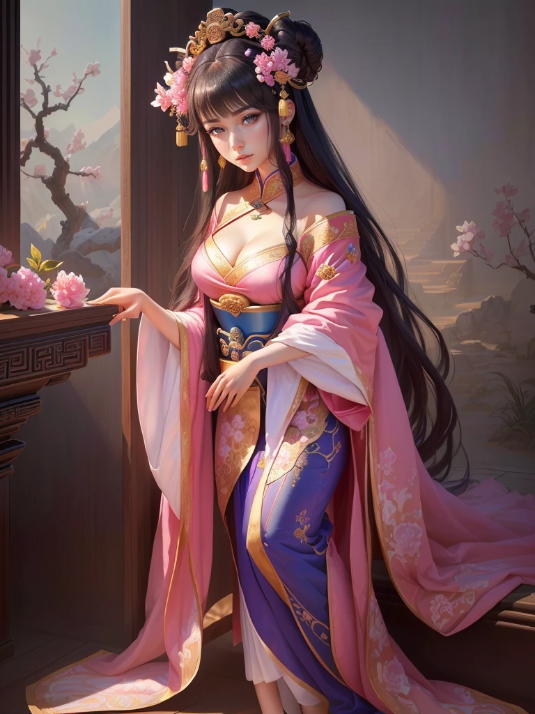 Painting of a woman in a pink and blue dress, Beautiful Fantasy Empress, ancient Chinese Princess, Beautiful character drawings, Chinese Princess, palace, Girl in Han Dress, Princess of an ancient Asian dynasty, Ancient Chinese Beauties, Inspired by Run In, Beautiful and attractive anime woman, Beautiful Fantasy Empress, Beautiful renderings of the Tang Dynasty, Beautiful oriental woman, Empress of China, Highly detailed CG unit 8k wallpaper, masterpiece, High resolution, highest quality, highest quality real texture skin, Super Real, Digital Painting, Best image quality, 最High resolution, 8k, ((Highly detailed eyes and face, Beautiful eyes every detail)), 1girl, Full Body Shot, wariza, seiza, 