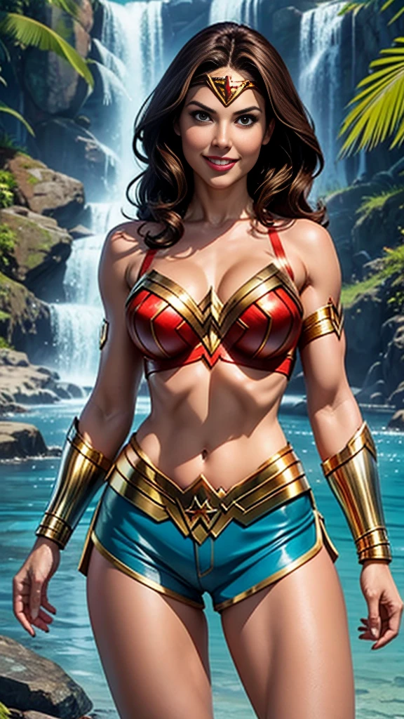 Wonder woman, brunette hair, Close up of breasts, pokies, bikini top,leather mini shorts, gold arm bracers, tropical waterfall location, smile