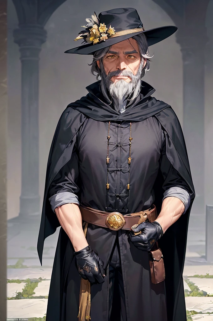 (((masterpiece; best quality: 1.2))), (finely detailed eyes: 1.3), (70 year old man), (solo), (yellow eyes: 1.4), (body; old, toned, masculine: 1.3), (grey hair and beard: 1.3), (beautiful and clear background: 1.2), ((depth of field)), (equipment: traveler dark attire + long dark robe + dark pants + dark wide-brimmed hat + dark gloves + dark cape + belt + pouches: 1.3), (anime illustration: 1.2), (background composition; royal garden: 1.1), (extremely fine and beautiful: 1.1), (shot composition; standing + centered on torso + close-up: 1.5), (expression; calm, smile: 1.2)