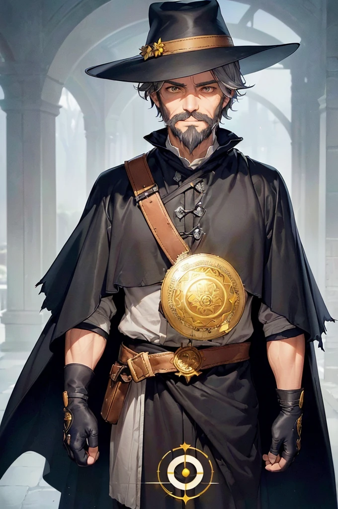 (((masterpiece; best quality: 1.2))), (finely detailed eyes: 1.3), (70 year old man), (solo), (yellow eyes: 1.4), (body; old, toned, masculine: 1.3), (grey hair and beard: 1.3), (beautiful and clear background: 1.2), ((depth of field)), (equipment: traveler dark attire + long dark robe + dark pants + dark wide-brimmed hat + dark gloves + dark cape + belt + pouches: 1.3), (anime illustration: 1.2), (background composition; royal garden: 1.1), (extremely fine and beautiful: 1.1), (shot composition; standing + centered on torso + close-up: 1.5), (expression; calm, smile: 1.2)