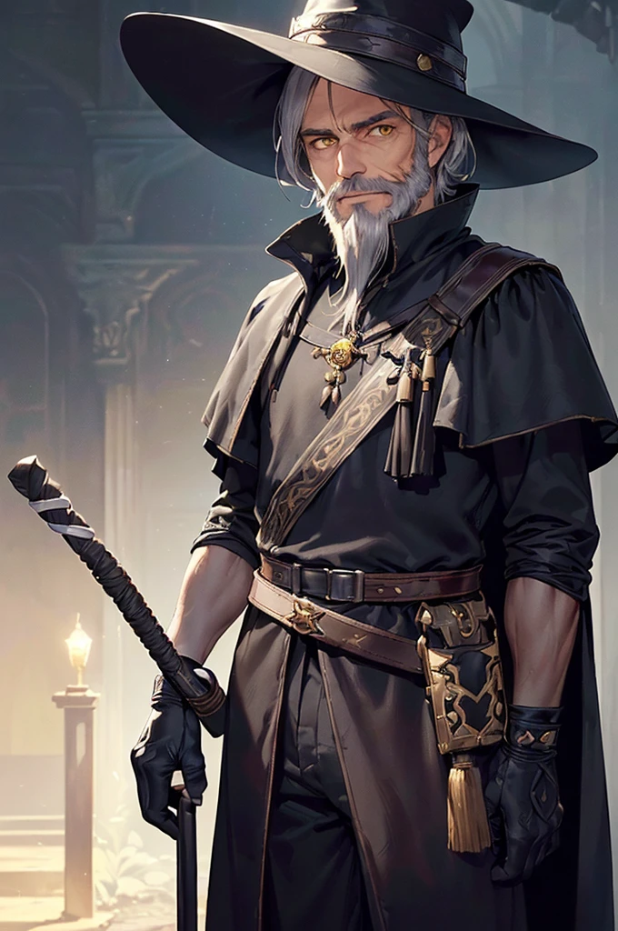 (((masterpiece; best quality: 1.2))), (finely detailed eyes: 1.3), (70 year old man), (solo), (yellow eyes: 1.4), (body; old, toned, masculine: 1.3), (grey hair and beard: 1.3), (beautiful and clear background: 1.2), ((depth of field)), (equipment: traveler dark attire + long dark robe + dark pants + dark wide-brimmed hat + dark gloves + dark cape + belt + pouches: 1.3), (anime illustration: 1.2), (background composition; royal garden: 1.1), (extremely fine and beautiful: 1.1), (shot composition; standing + centered on torso + close-up: 1.5), (expression; calm, smile: 1.2)