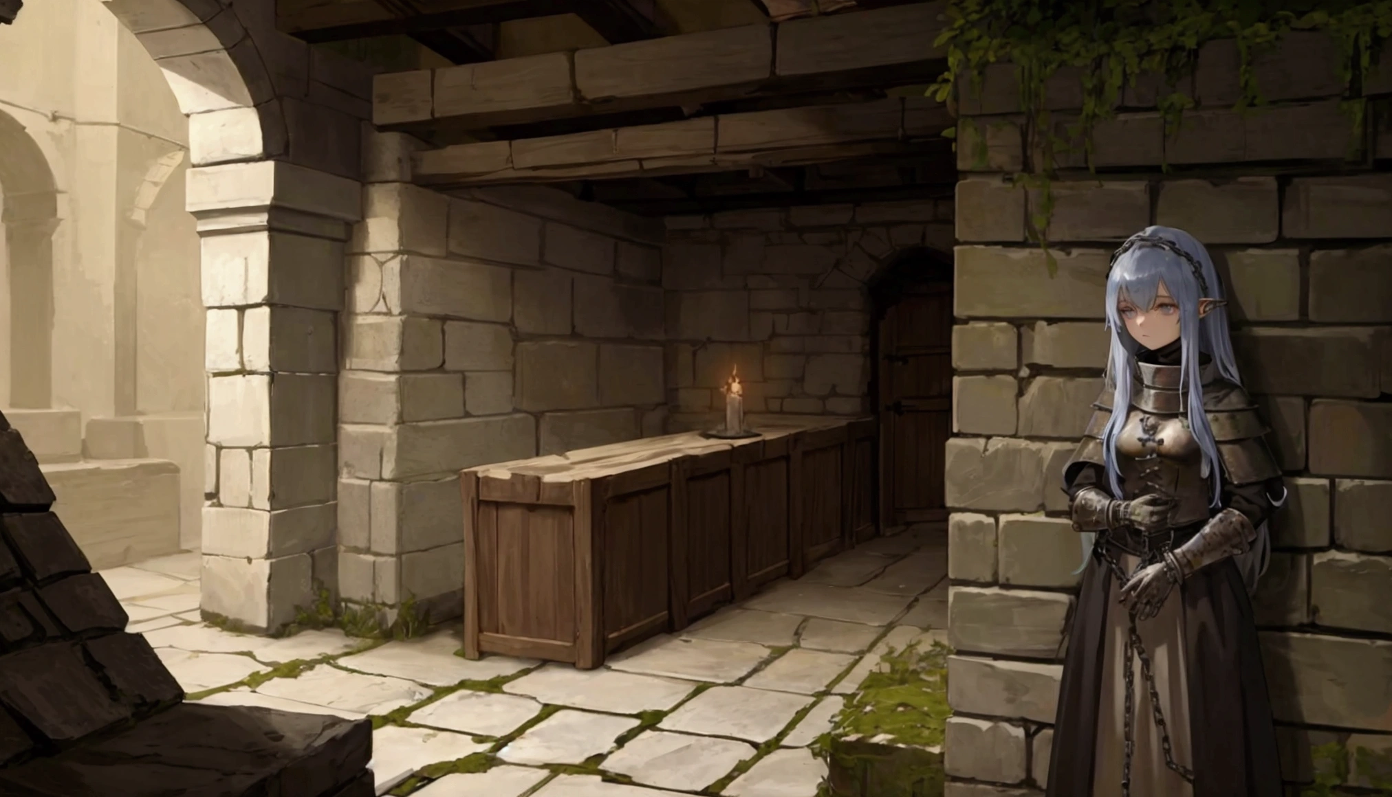 empty and cold medieval dungeon with chains and shackles, stone walls, the atmosphere is quiet and gloomy, Tied up girl