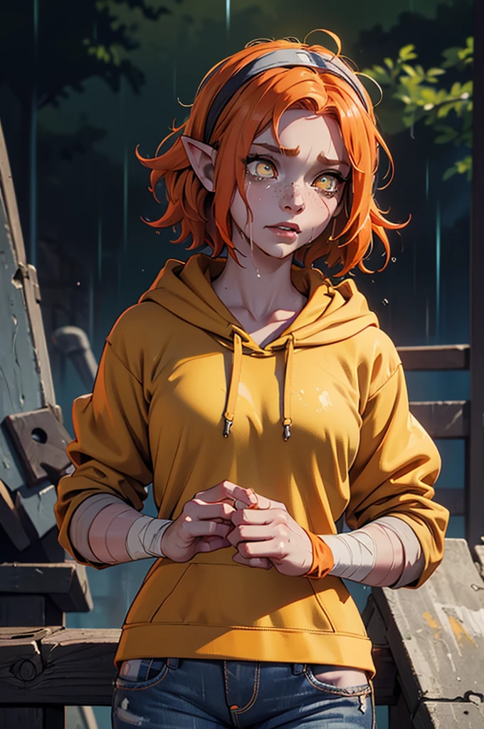 (mejor calidad, Obra maestra), mirando abajo, viento, Partícula, ciudad de fondo, parte superior del cuerpo, 1 elf girl, ((grey skin)), black lipstick, makeup, ((medium hair)), ((orange hair)), (yellow eyes), medium breast, middle part hair, freckles on face, (((mustard hoodie))), headband, (((bandages on hands))), (jeans), ((wet hair)), ((raining)), ((wet)), messy hair, ((wiping away tears)), rolled up sleeves, melancholic face, crying