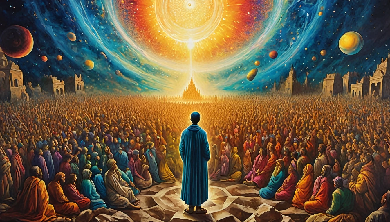The art should be digital and contain surreal elements. In the center of the image, place a person surrounded by a crowd who conveys feelings of déjà vu,person who sees past times,past lives sensation in soul xilogravura style,coloured bright images,spiritual feeling looking to spiritual universe