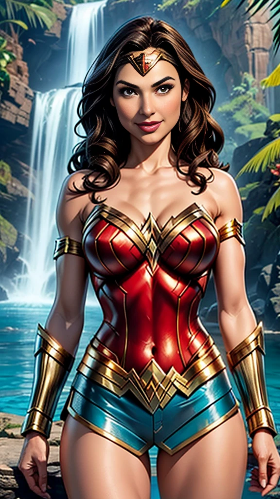 (GalGadot)Wonder woman, brunette hair, Close up of breasts, pokies, bikini top,leather mini shorts, gold arm bracers, tropical waterfall location, smile