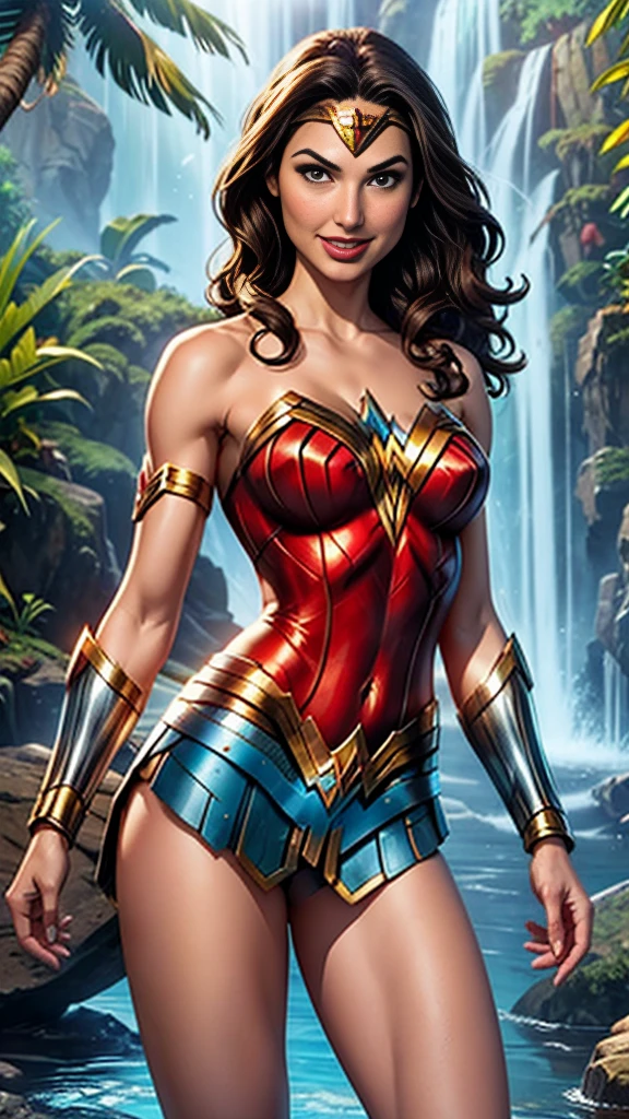 (GalGadot)Wonder woman, brunette hair, Close up of breasts, pokies, bikini top,leather mini shorts, gold arm bracers, tropical waterfall location, smile