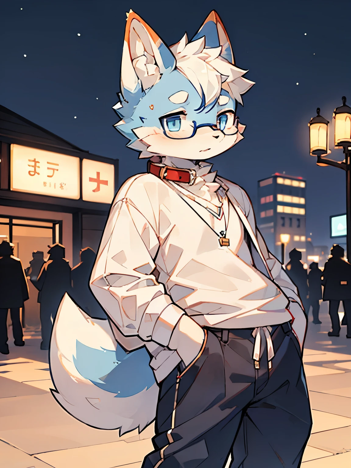 Exquisite lines，best quality。male，Not too majestic， 12 years old,White fur, Wearing a collar and glasses,Wear casual clothes and pants，Beautiful night city background,head tilted to one side，Dog furry character,Blue pupils，blush，shy，Love