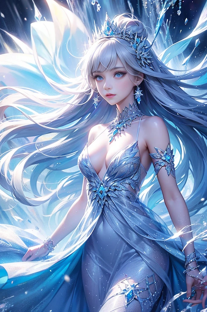 wood, Exquisite mini ice spikes and crystals, A frozen waterfall in the background, Light reflected by ice crystals, Flowing snowflakes、pretty girl,Small and beautiful breasts,Beautiful cleavage、Crystal Dress
