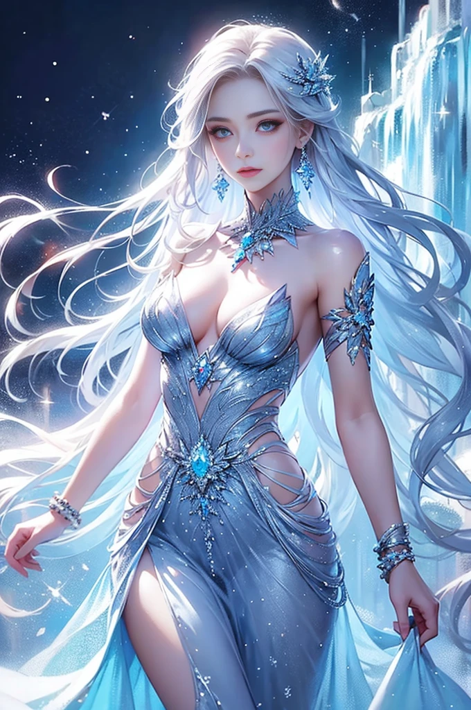 wood, Exquisite mini ice spikes and crystals, A frozen waterfall in the background, Light reflected by ice crystals, Flowing snowflakes、pretty girl,Small and beautiful breasts,Beautiful cleavage、Crystal Dress