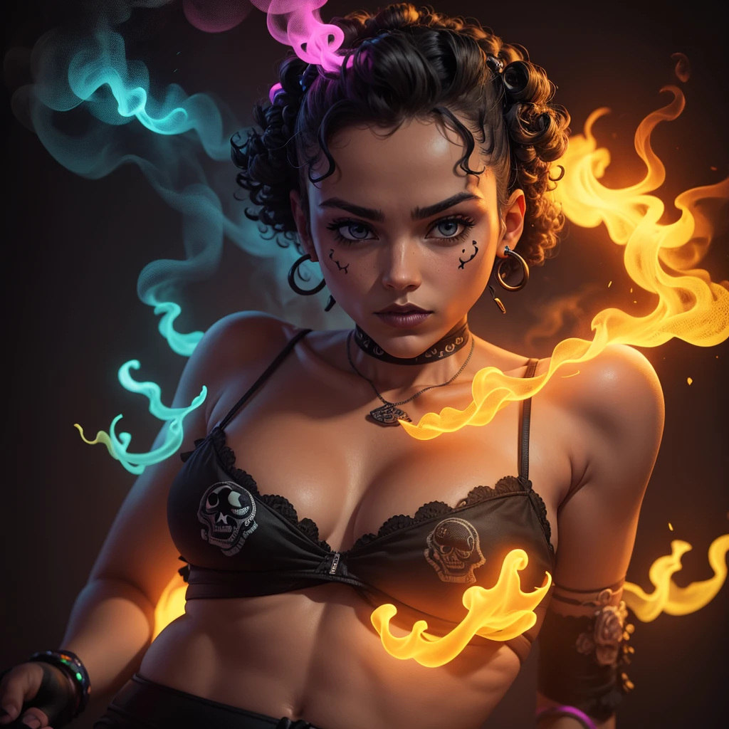 calavera with curls, neon color with a black background with smoke, only figurines