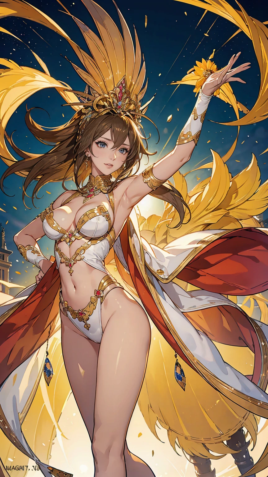 Highest quality, Official Art, masterpiece, Fabric Shading, High resolution, Very detailed, colorful, Best details, High leg samba micro costume:1.5, microwave good:1.9 Yuki Mori:1.5, 1 female, Age 25, Brown Hair, Medium Hair,Big Ass:1.9, {{{{{Dancing vigorously in the parade:1.9}}}}}, A bustling boulevard, sunny, skinny, {{Surrounded by a bunch of male photographers:1.9}}, She is being photographed by many male photographers.:1.7, A blizzard is falling, Blessed, welcome:1.5, Camel Toe:1.9, Ground level shot,