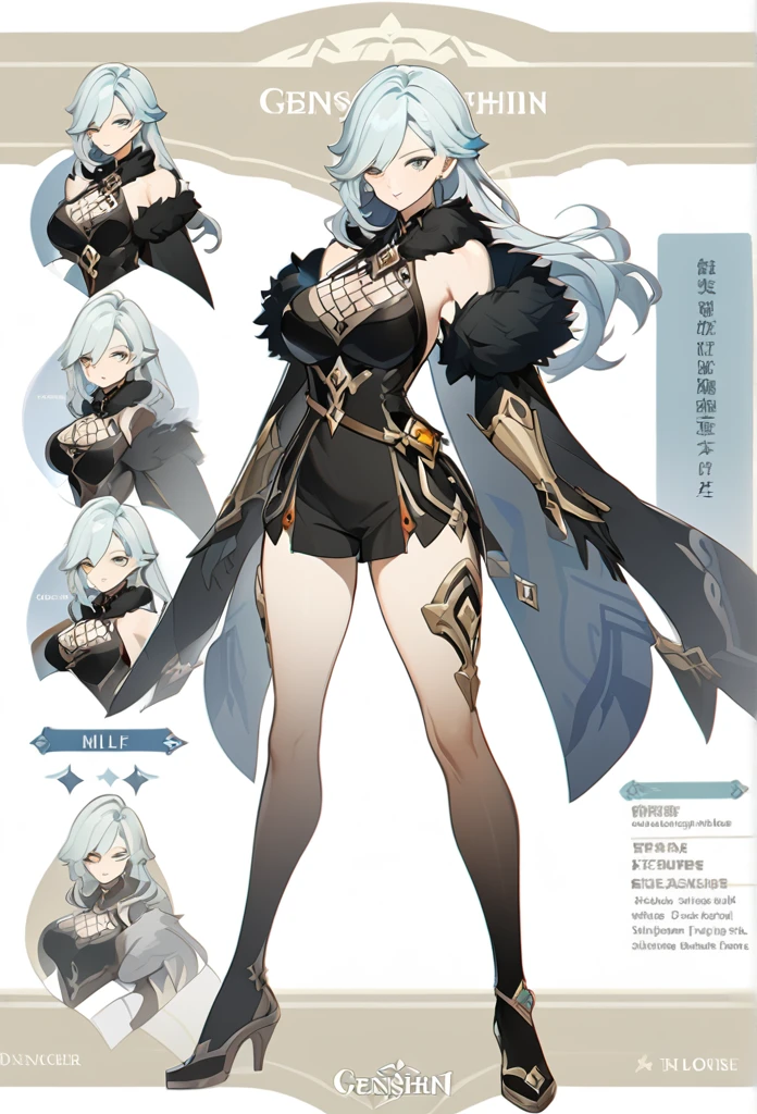 Genshin impact, genshin impact outfit, large breast, standing, character sheet, white backgound, bare shoulders, fur mantle, long hair,
slender legs, milf, adult,