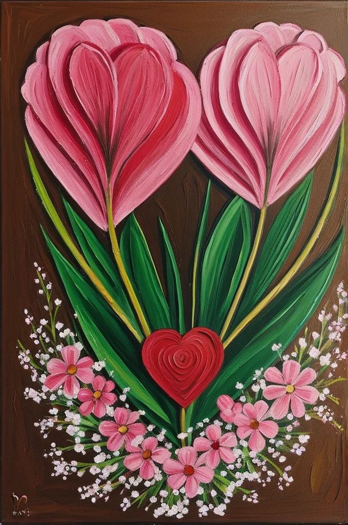 Painted canvas of a heart that comes out of the flowers