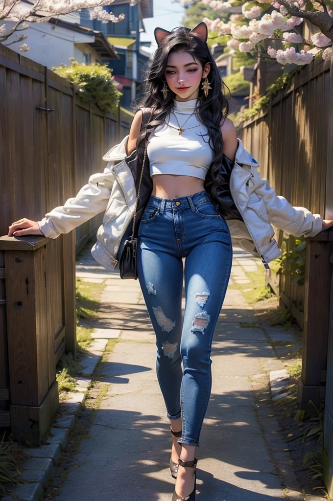 obra-prima, melhor qualidade, 1 garota, sorriso, A 15-year-old girl with black cat ears and black hair, walking through a beautiful park filled with cherry blossom trees, (nevando) (( cabelo preto)), use casaco jeans, ((cabelo longo)), ((lado direito)), rosto emocional, close up, luz de estúdio, estúdio, (((retrato de maquiagem, sombra rosa))), ((She is wearing casual clothes: blue jeans, all-star shoes, and a white jacket with a crucifix design on the back. She has a thoughtful expression. Her right eye is dark blue, and her left eye is dark green.))