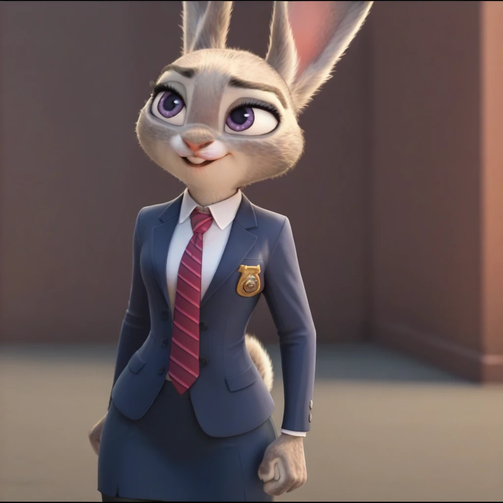 judyhopps, purple eyes, rabbit, rabbit ears, rabbit girl, (((skirt suit))), (((three-piece suit))), (((dress shirt))), (((necktie))), (((blazer))), (((suit jacket))), ((waistcoat)), double-breasted waistcoat, (((bodycon miniskirt))), pocket square, cufflinks, tie clip,