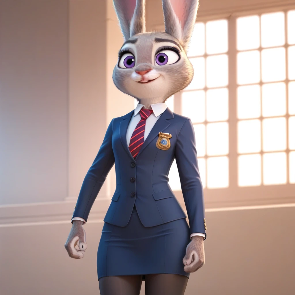 judyhopps, purple eyes, rabbit, rabbit ears, rabbit girl, (((skirt suit))), (((three-piece suit))), (((dress shirt))), (((necktie))), (((blazer))), (((suit jacket))), ((waistcoat)), double-breasted waistcoat, (((bodycon miniskirt))), pocket square, cufflinks, tie clip,