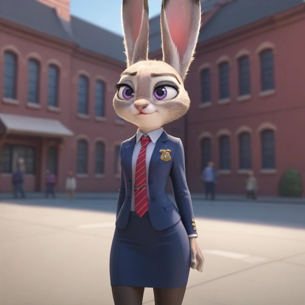 judyhopps, purple eyes, rabbit, rabbit ears, rabbit girl, (((skirt suit))), (((three-piece suit))), (((dress shirt))), (((necktie))), (((blazer))), (((suit jacket))), ((waistcoat)), double-breasted waistcoat, (((bodycon miniskirt))), pocket square, cufflinks, tie clip,