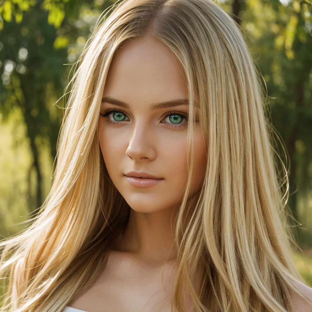 Create an ultra-realistic 8K photograph of a young woman with long, flowing blonde hair and striking green eyes. The lighting should highlight the natural texture and color of her hair and eyes, giving a lifelike appearance. The background should be softly blurred to bring the focus entirely on her face, which displays a serene and gentle expression. Ensure that the skin texture, hair strands, and eye details are incredibly detailed and realistic, reflecting