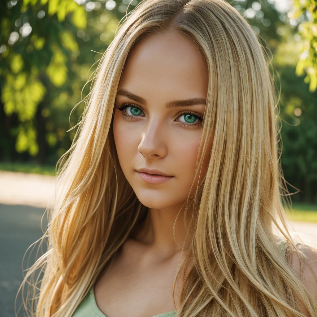 Create an ultra-realistic 8K photograph of a young woman with long, flowing blonde hair and striking green eyes. The lighting should highlight the natural texture and color of her hair and eyes, giving a lifelike appearance. The background should be softly blurred to bring the focus entirely on her face, which displays a serene and gentle expression. Ensure that the skin texture, hair strands, and eye details are incredibly detailed and realistic, reflecting
