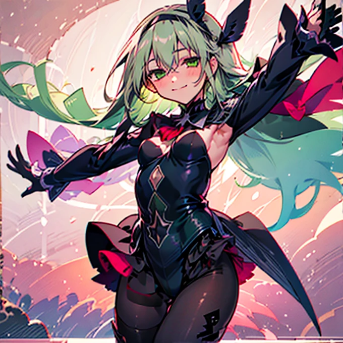 1girl, solo, long hair, breasts, looking at viewer, bangs, skirt, gloves, long sleeves, ribbon, hair between eyes, closed mouth, green eyes, hair ribbon, pantyhose, cowboy shot, hairband, small breasts, green hair, black gloves, black skirt, leotard, black leotard, brown pantyhose