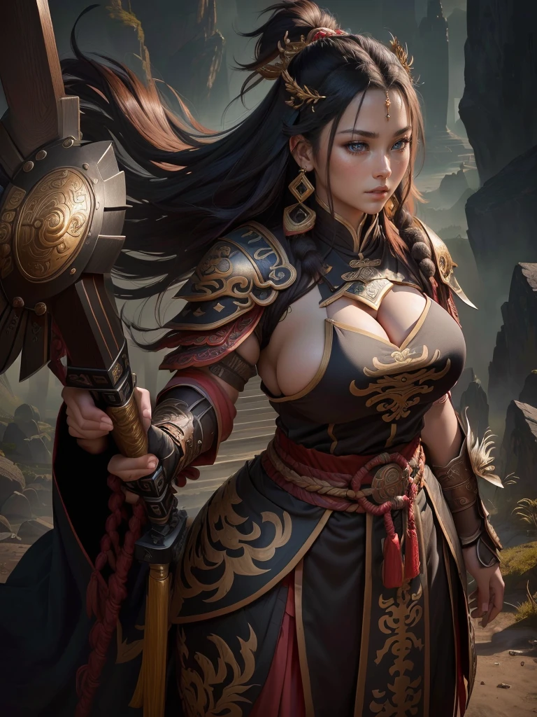a woman with a large axe and a feathered head, inspired by Hu Zaobin, berserker potrait, guan yu, bian lian, sun wukong, mongol, inspired by Huang Shen, inspired by Li Gonglin, tai warlord, inspired by Wu Bin, wukong, inspired by Li Kan, naranbaatar ganbold, Highly detailed CG unit 8k wallpaper, masterpiece, High resolution, highest quality, highest quality real texture skin, Super Real, Digital Painting, Best image quality, 最High resolution, 8k, ((Highly detailed eyes and face, Beautiful eyes every detail)), 1girl, Full Body Shot, Saggy breasts, Gravity-dependent breasts, long chest, Heavy chest, disproportionate breasts, huge breasts, sagging breasts, gigantic breasts, (erect nipple), Cleavage cut out, (Look away, Gazing into the distance), (open your mouth, evil smile, stick a tang),