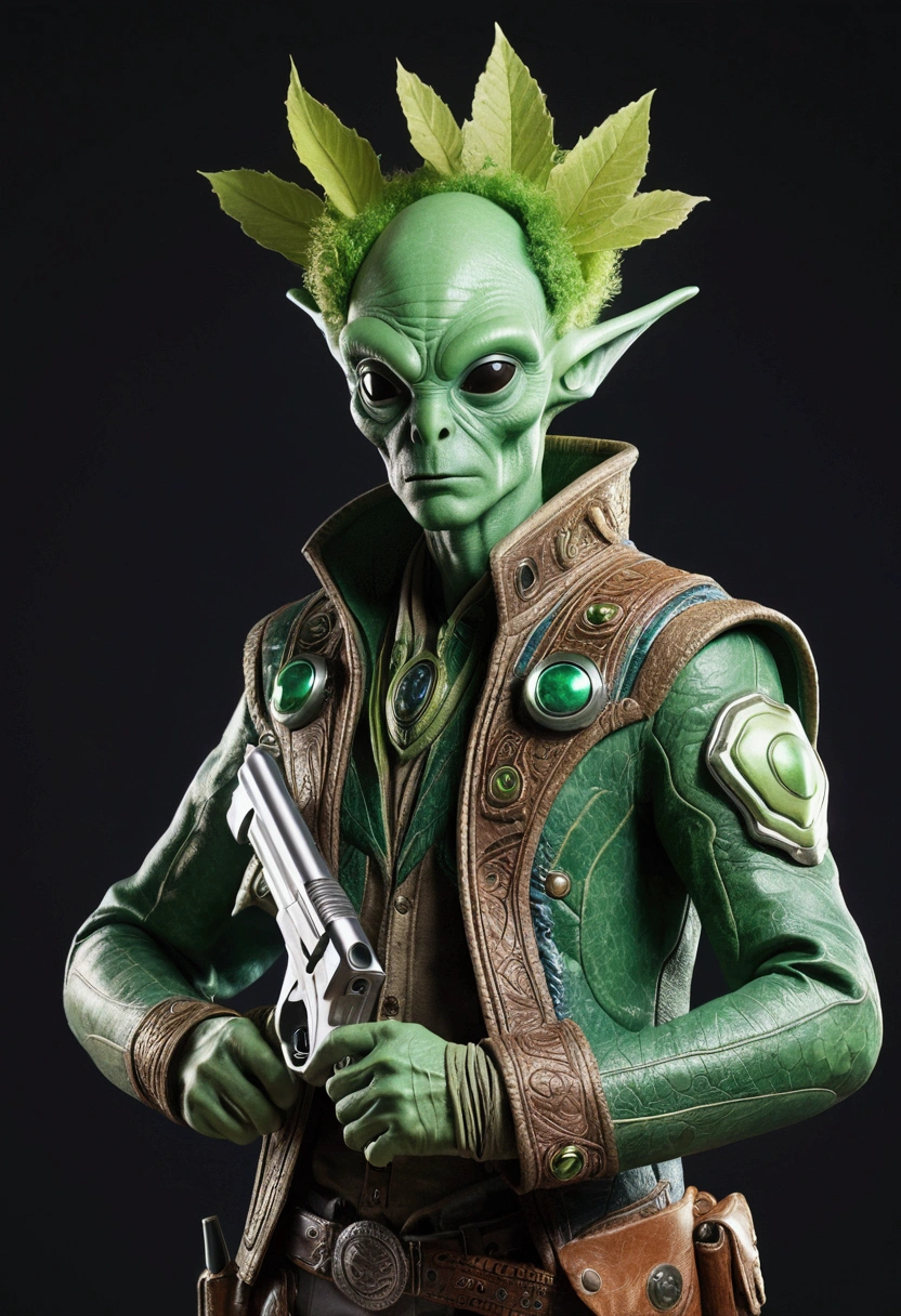 male alien with leaf hair and green skin, space style, wearing far western clothes. holding a pistol