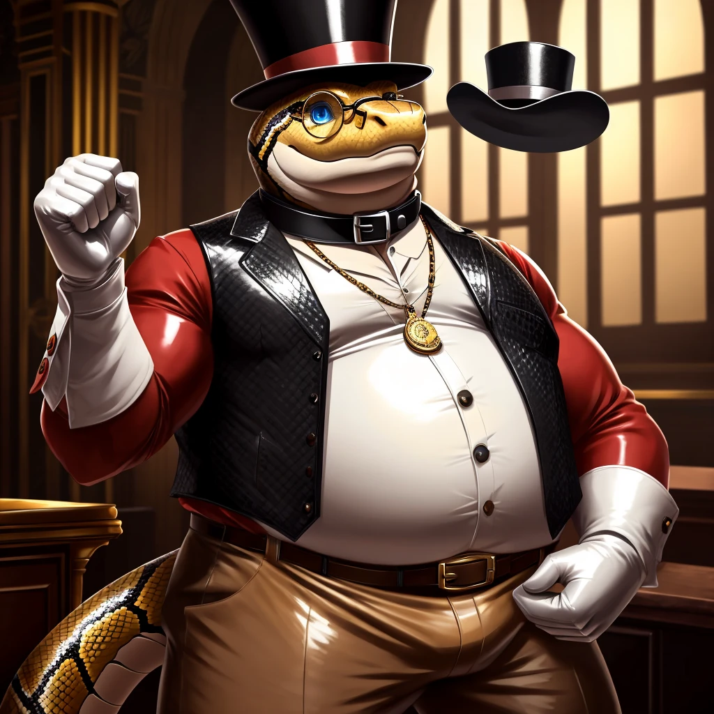 Solo, Male, fat, extremely obese, gentleman, dapper Professor Snake, blue eyes, (posing:1.3), (soft shading), 4k, hi res, ((detailed face, detailed)), looking at viewer, mouth wide open, steampunk, collared shirt with buttons, top hat, male focus, Explorer Outfit, glasses, monocle, vest with buttons, sleeves rolled up, round eyewear, brown headwear, brown vest, Snake is wearing a glossy leather dog collar around the neck, Snake is wearing the leather collar and shirt and vest at the same time, Snake is wearing glossy white rubber gloves on the hands, wearing white rubber gloves on the feet, gloves are rubber in texture, clenching teeth, clenching fists, leather collar is glossy and shiny with a lot of detail, Snake is wearing gloves and leather collar at the same time, leather collar has a round dog-tag, leather collar is thick and detailed, leather collar is glossy and shiny, fancy clothing, dapper vest, dapper shirt, leather collar is thick, glossy leather collar.