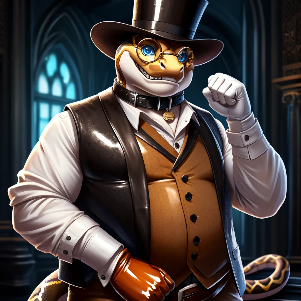 Solo, Male, fat, extremely obese, gentleman, dapper Professor Snake, blue eyes, (posing:1.3), (soft shading), 4k, hi res, ((detailed face, detailed)), looking at viewer, mouth wide open, steampunk, collared shirt with buttons, top hat, male focus, Explorer Outfit, glasses, monocle, vest with buttons, sleeves rolled up, round eyewear, brown headwear, brown vest, Snake is wearing a glossy leather dog collar around the neck, Snake is wearing the leather collar and shirt and vest at the same time, Snake is wearing glossy white rubber gloves on the hands, wearing white rubber gloves on the feet, gloves are rubber in texture, clenching teeth, clenching fists, leather collar is glossy and shiny with a lot of detail, Snake is wearing gloves and leather collar at the same time, leather collar has a round dog-tag, leather collar is thick and detailed, leather collar is glossy and shiny, fancy clothing, dapper vest, dapper shirt, leather collar is thick, glossy leather collar.