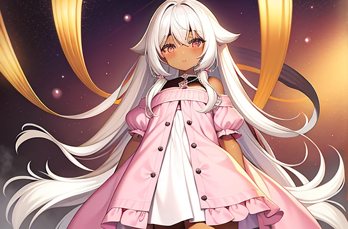 Dark Skin, Brown Skin, Young girl, Long white hair, Amber Eyes, Pale pink clothes, Girly clothes, Cute clothes, whole body