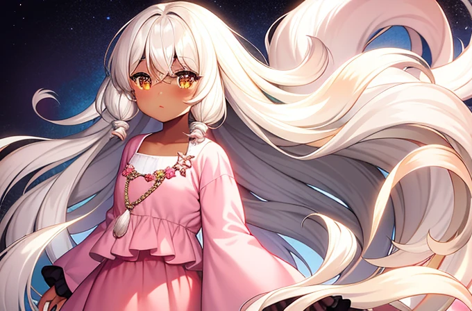Dark Skin, Brown Skin, Young girl, Long white hair, Amber Eyes, Pale pink clothes, Girly clothes, Cute clothes, whole body