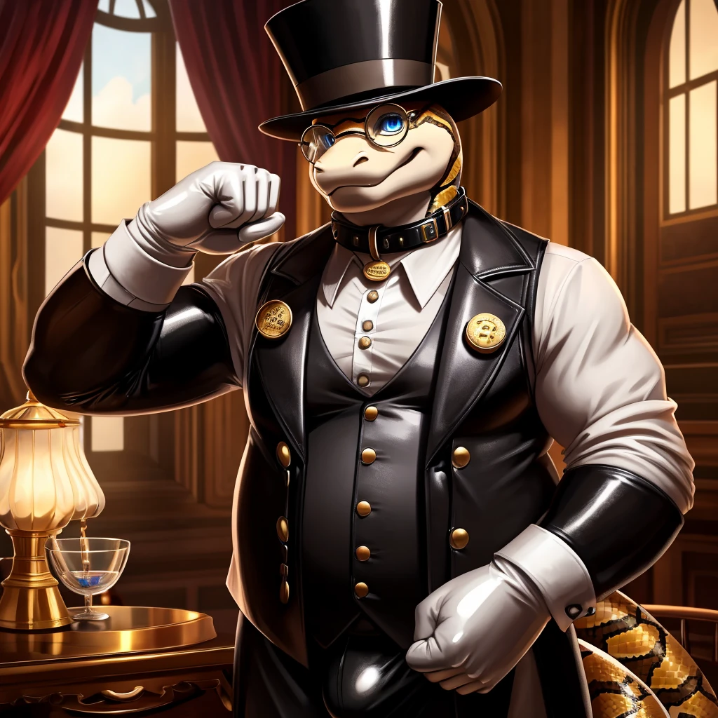 Solo, Male, fat, extremely obese, gentleman, dapper Professor Snake, blue eyes, (posing:1.3), (soft shading), 4k, hi res, ((detailed face, detailed)), looking at viewer, mouth wide open, steampunk, collared shirt with buttons, top hat, male focus, Explorer Outfit, glasses, monocle, vest with buttons, sleeves rolled up, round eyewear, brown headwear, brown vest, Snake is wearing a glossy leather dog collar around the neck, Snake is wearing the leather collar and shirt and vest at the same time, Snake is wearing glossy white rubber gloves on the hands, wearing white rubber gloves on the feet, gloves are rubber in texture, clenching teeth, clenching fists, leather collar is glossy and shiny with a lot of detail, Snake is wearing gloves and leather collar at the same time, leather collar has a round dog-tag, leather collar is thick and detailed, leather collar is glossy and shiny, fancy clothing, dapper vest, dapper shirt, leather collar is thick, glossy leather collar.