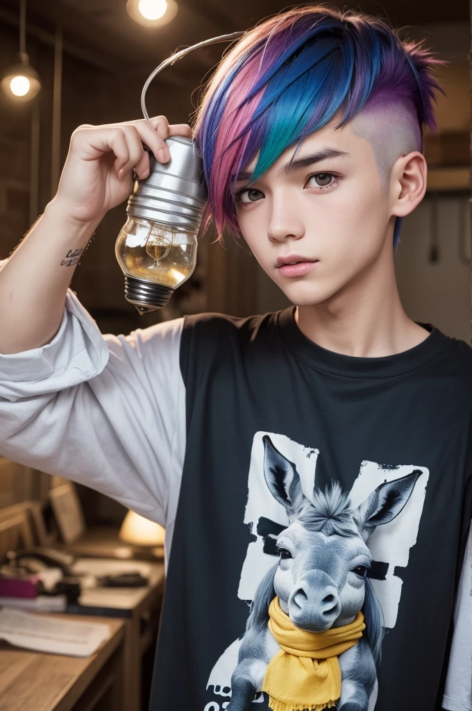 I want a boy with a donkey print shirt with colorful hair and a light bulb on his head