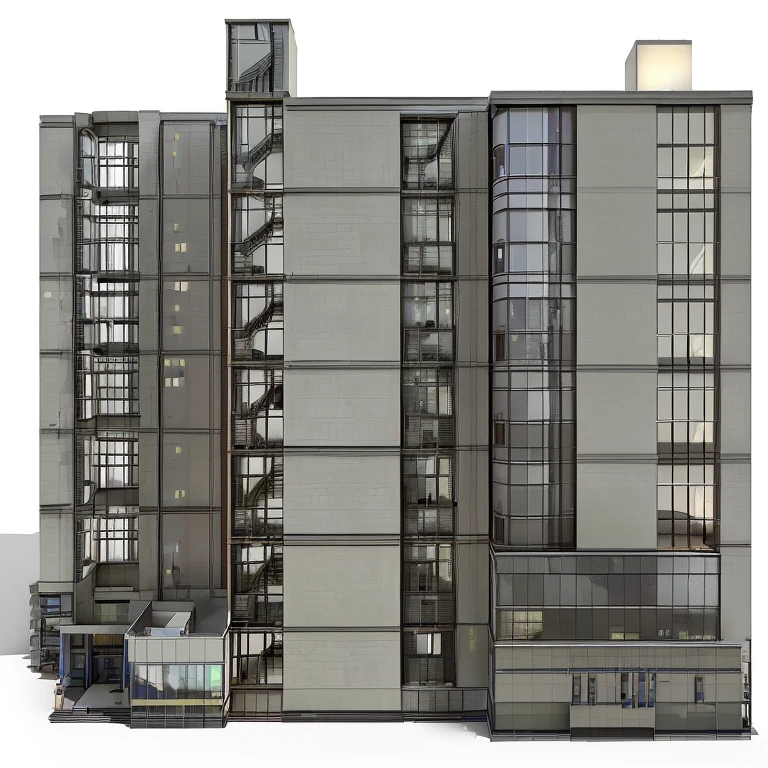 Rendering of a tall hospital with a staircase leading up, architectural section, middle view, perspective view, elevation view, full hospital, architectural rendering, side view. High detail, multi-story hospital, digital rendering, highly detailed hospital, 3/4 view, 3/4 view, very high level of detail, orthographic 3D rendering