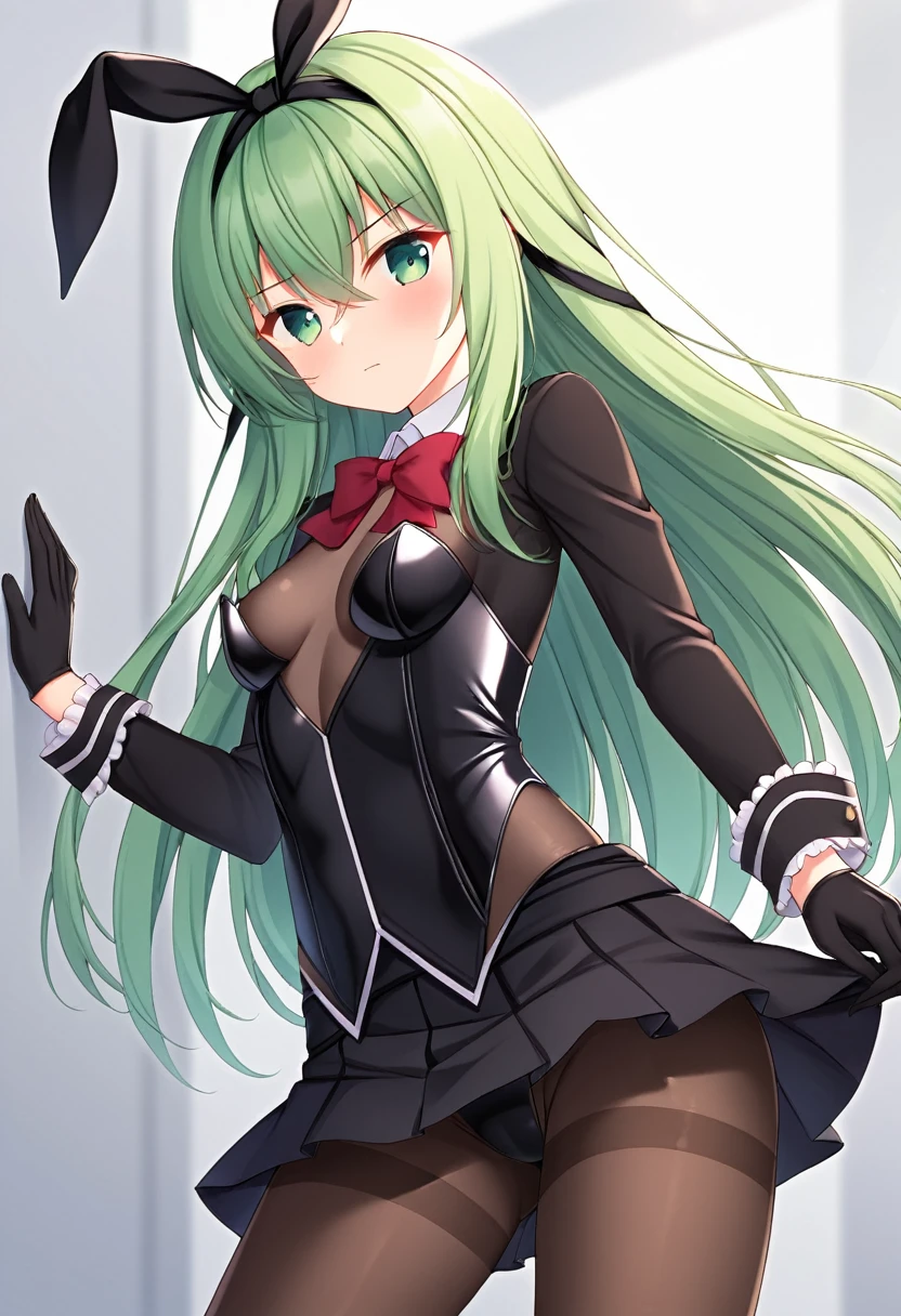 1girl, solo, long hair, breasts, looking at viewer, bangs, skirt, gloves, long sleeves, ribbon, hair between eyes, closed mouth, green eyes, hair ribbon, pantyhose, cowboy shot, hairband, small breasts, green hair, black gloves, black skirt, leotard, black leotard, brown pantyhose