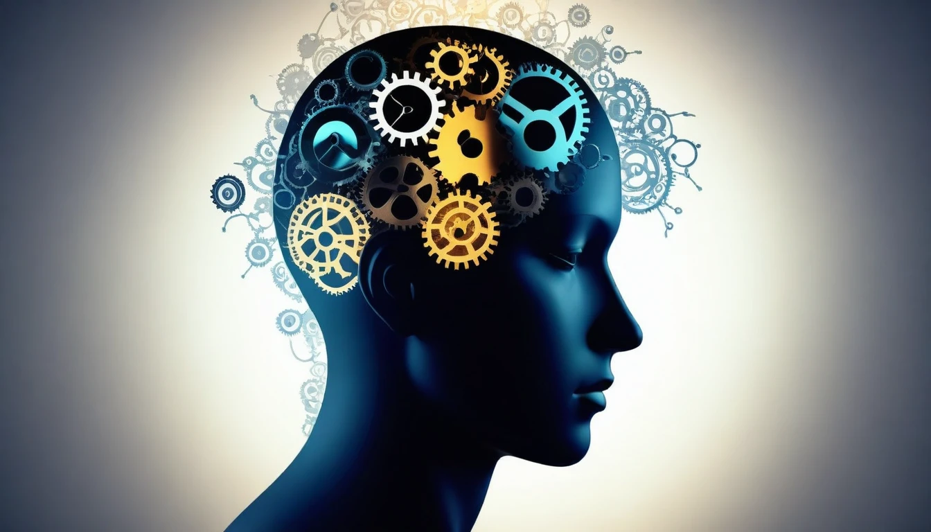 Silhouette of a human head filled with gears and brain circuits. Gentle hands adjust and clean these "mind parts." Background with symbols of peace and clarity. Technical-artistic style with touches of soft light, high definition, realistic style, cinematic style, soft colors. Photorealism style, high resolution, 8k
