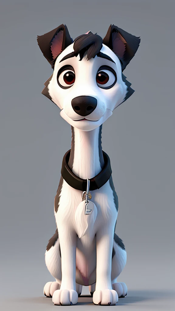 create the image of a black and white dog in pixar art style in 3D