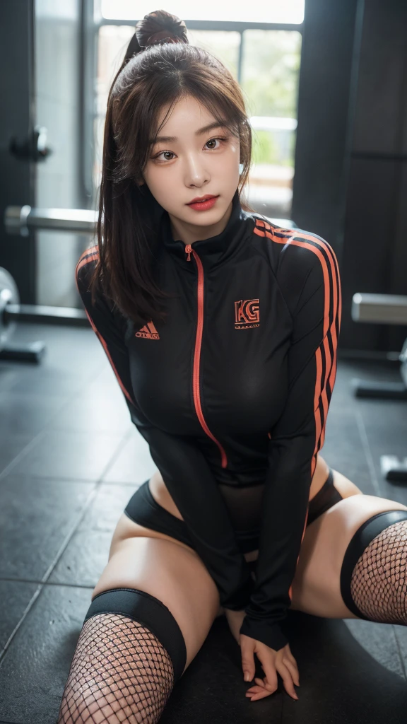 Highly detailed CG Unity 8K wallpapers,top Quority,Super detailed,tmasterpiece,realisticlying,photograph realistic,Very detailed cute girl,,musculature,Microabs,Round eyes,peeping at the viewer,Be red in the face,parted lip,Half-body shooting,
track suit , gym room,black fishnet stocking , short hair