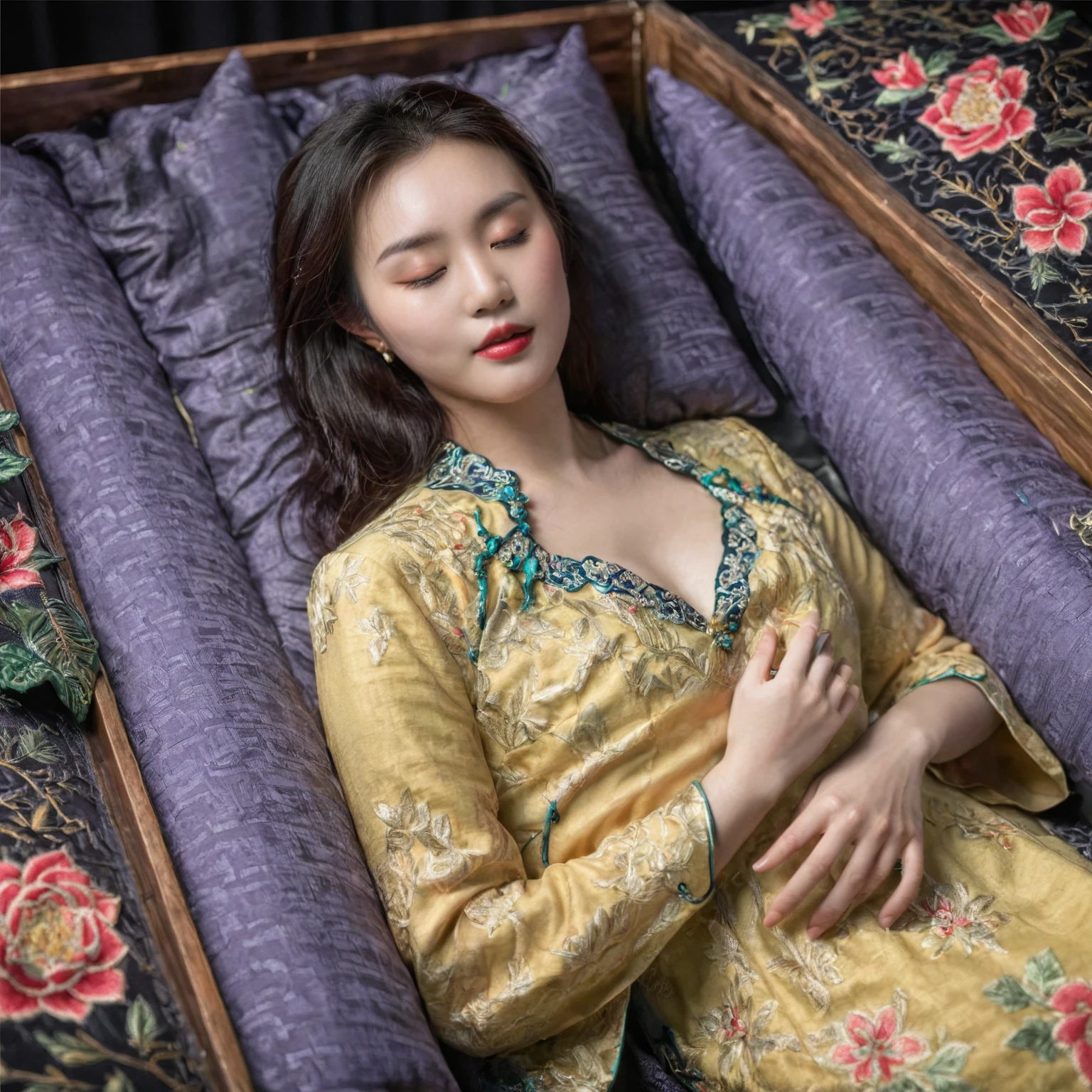 In a striking 8K HDR scene, a stunning Korean woman, 22 years old, lies peacefully in a black coffin surrounded by plush pillows. The deep box is set against a rich black background, accentuating the beauty of the subject. Her exquisite cheongsam attire is embroidered with superb detail, showcasing her beautiful eyebrows. Her closed eyes and mouth give an air of serenity, while her visible and absolute cleavage leave nothing to imagination. The scene is bathed in saturated colors, highlighting every intricate aspect from the ball skirt to her clean face, straight body, detailed hand perfect hands, straight body, own hands together, own hand on stomach, detailed hands, perfect hands.