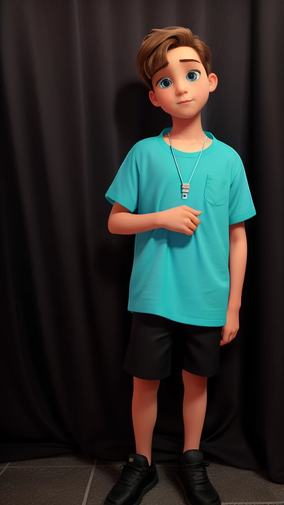 8 year old boy, very low short hair in dark blonde color, very bright pool blue eyes, white skin color, wearing a green blouse, black shorts, black sneakers.