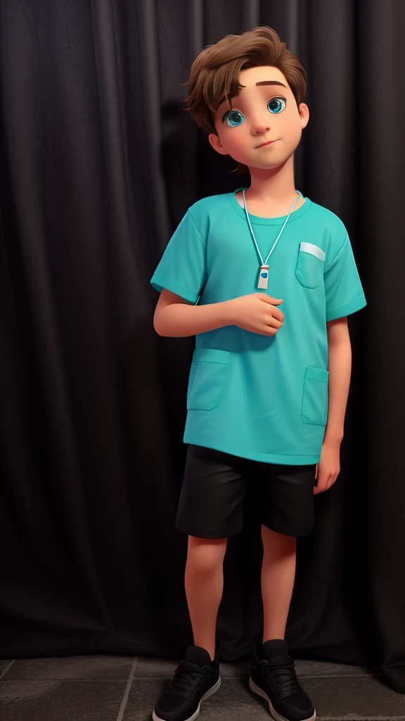 8 year old boy, very low short hair in dark blonde color, very bright pool blue eyes, white skin color, wearing a green blouse, black shorts, black sneakers.