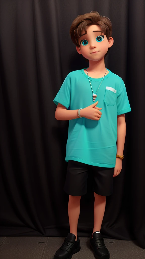 8 year old boy, very low short hair in dark blonde color, very bright pool blue eyes, white skin color, wearing a green blouse, black shorts, black sneakers.